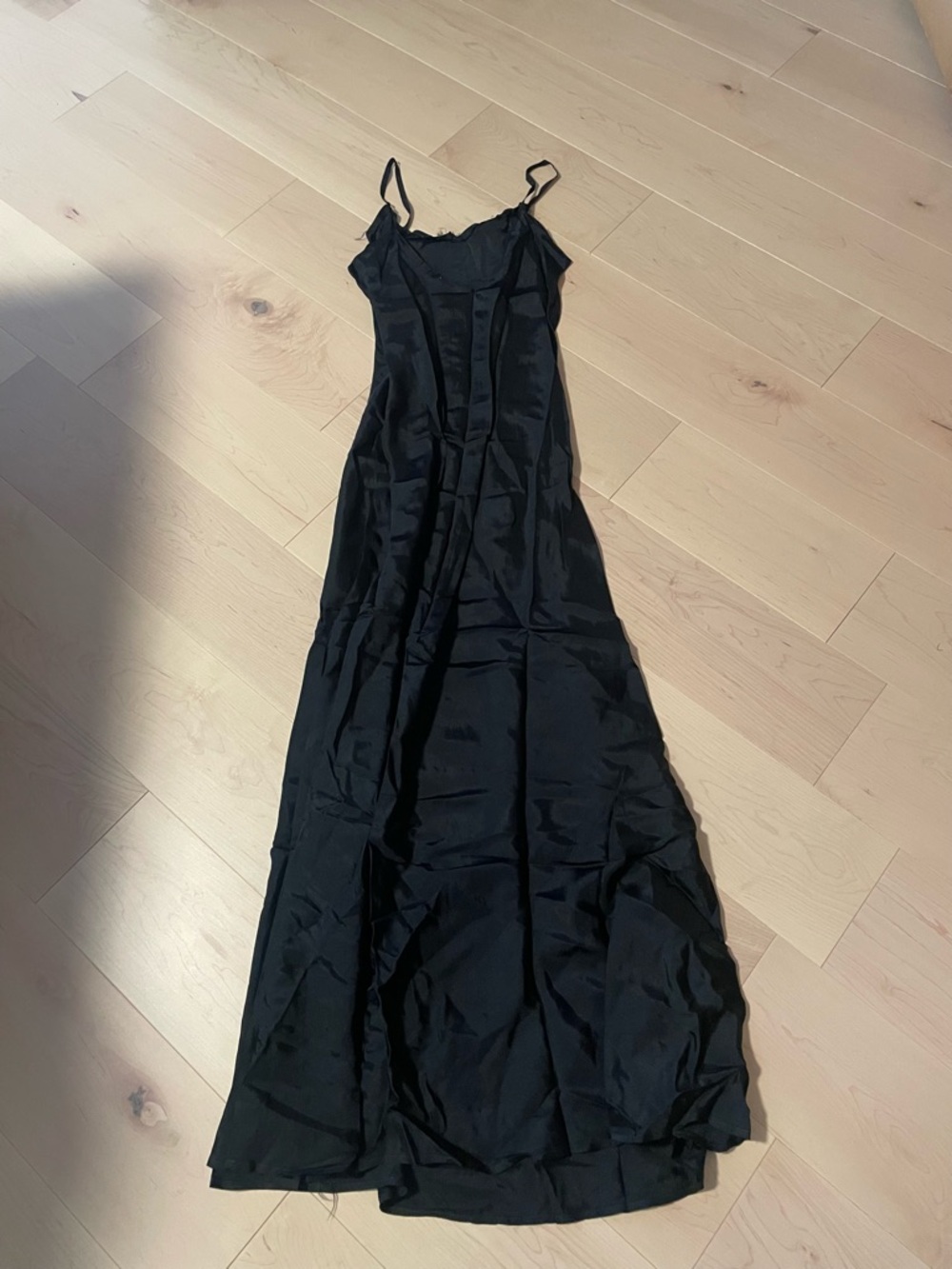 Black Satin Slip Maxi Dress with Delicate Spaghetti Straps
